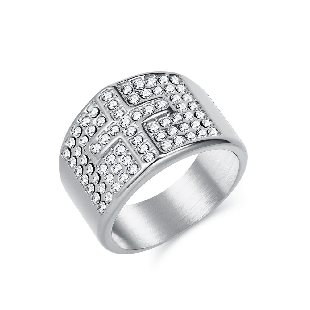 Planderful Mens Stainless Steel Gold Plated Ring With Full Zircon Cross Hip Hop Style Jewelry