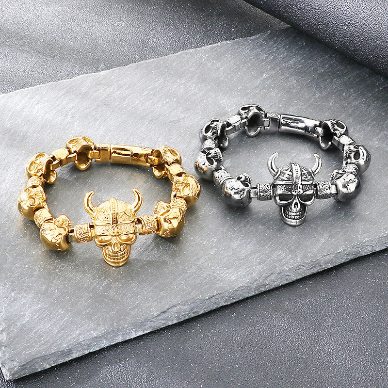 Layered Ghost Head – Punk Style Viking Horn Skull Men's Stainless Steel Bracelet