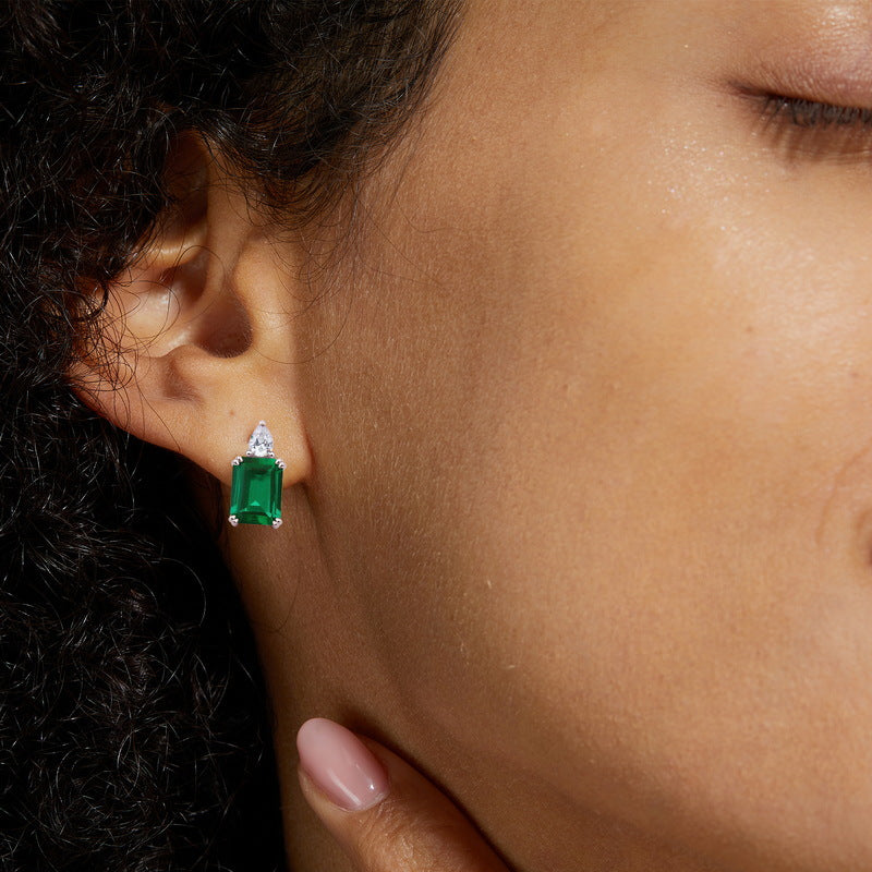 S925 Sterling Silver Lab-Grown Emerald Minimalist Stud Earrings
