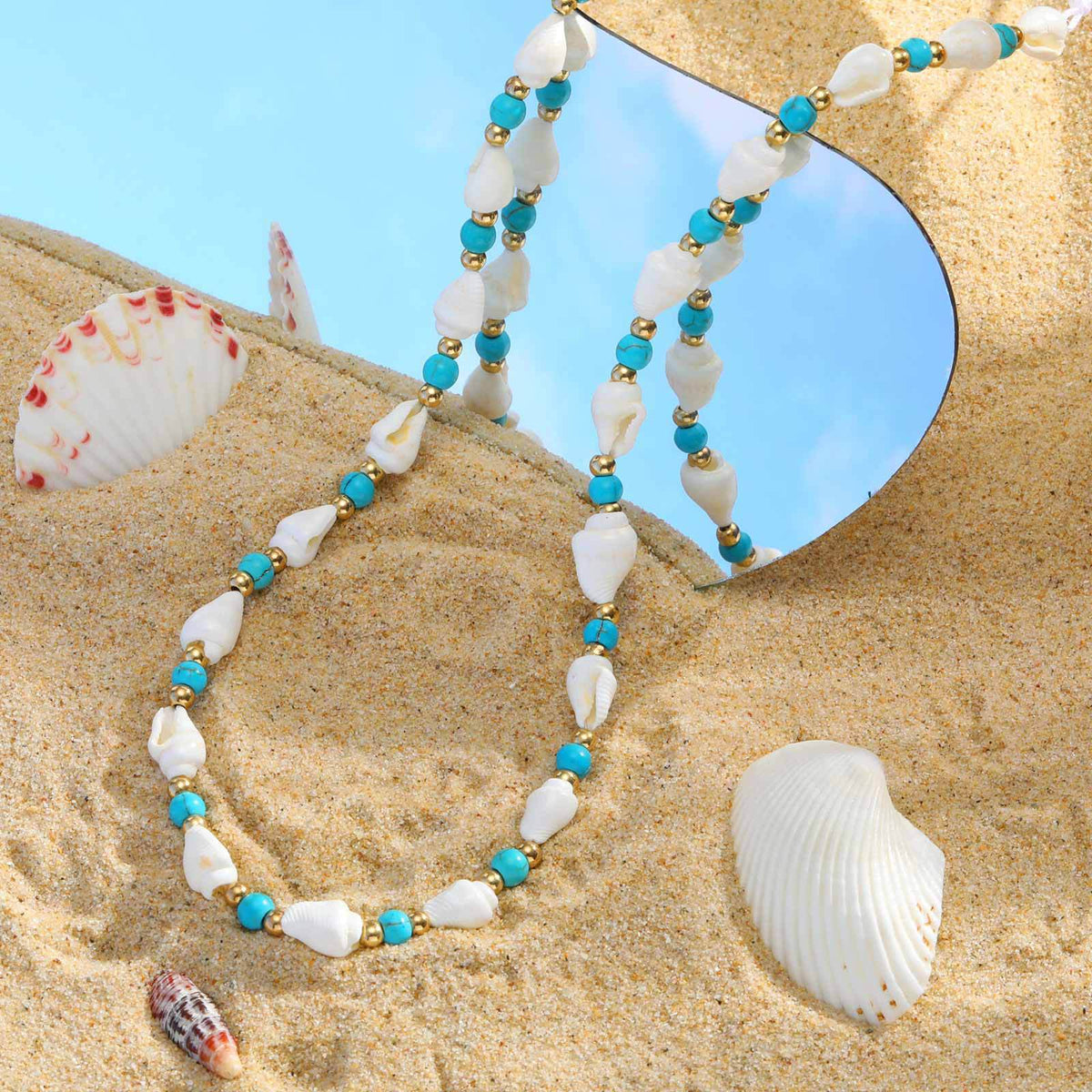 Ocean Wind Stainless Steel Ball Shell Blue & White Beaded Adjustable Necklace Casual