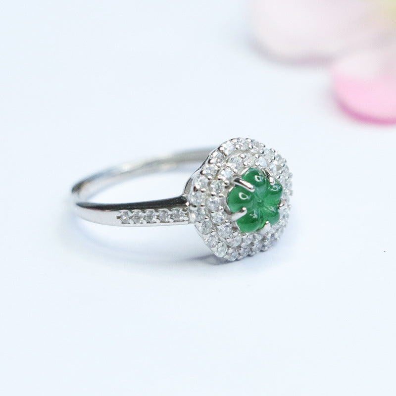 Sterling Silver Adjustable Ring with Ice Green Jade Flower Detail