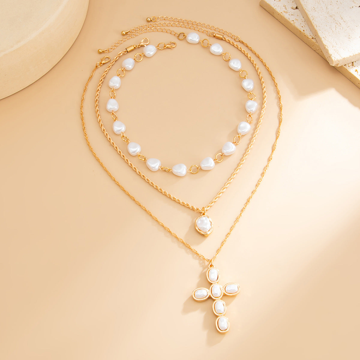 Baroque Pearl Cross Layered Necklace