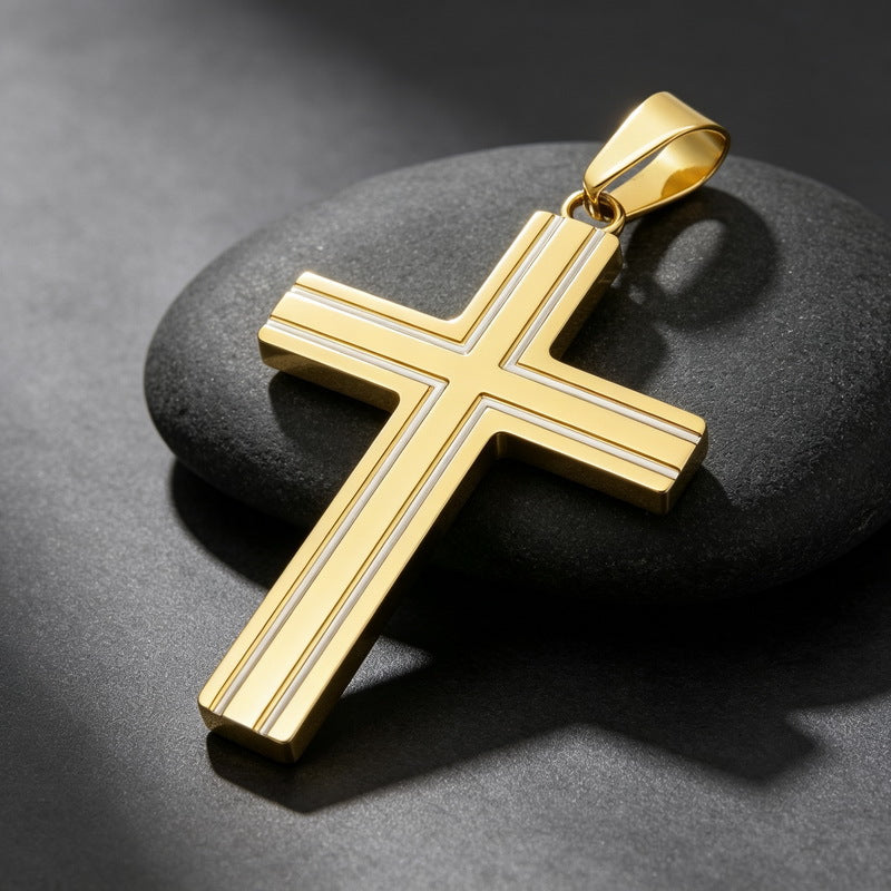 Versatile Double-Line Groove Dripping Oil Contrasting Cross Pendant, Stainless Steel Men's Pendant On Necklace