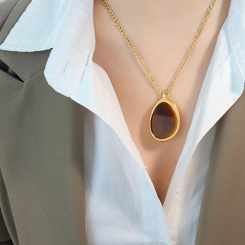 Exaggerated Water Droplet Pendant Necklace with Tiger Eye Stone Insets