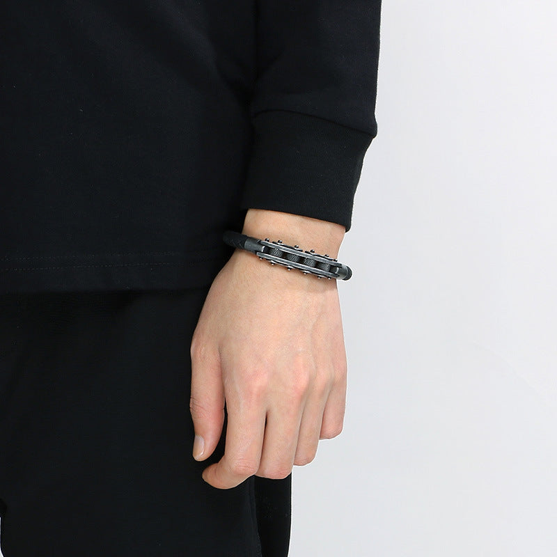 Business Style Strap Chain Woven Leather Rope Bracelet – Stainless Steel Bicycle Chain