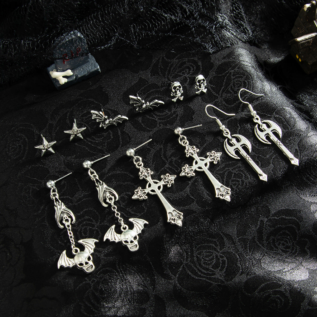 Planderful Gothic Halloween Earrings Set Spider Web Bat Blood Cross With Roses For Women Vienna Verve