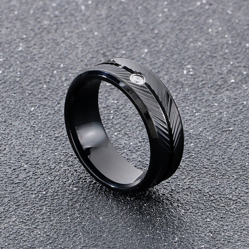 Ring Vacuum Plated Zircon Feather Round Stainless Steel Men's Ring