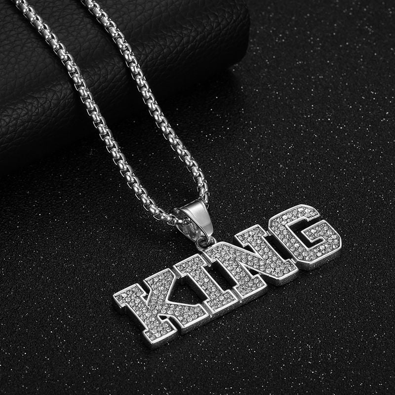 Planderful Hip Hop Jewelry King Pendant Necklace Gold Plated Zircon Titanium Steel For Urban Style Enthusiasts