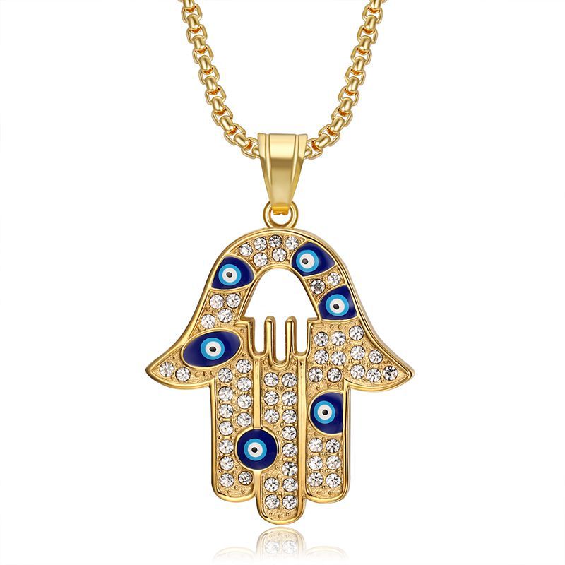 Planderful Everyday Genie Unisex Hamsa Fatima Evil Eye Necklace Hip Hop Style Titanium Steel Gold Plated Zircon Pendant