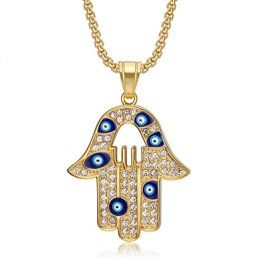 Planderful Everyday Genie Unisex Hamsa Fatima Evil Eye Necklace Hip Hop Style Titanium Steel Gold Plated Zircon Pendant