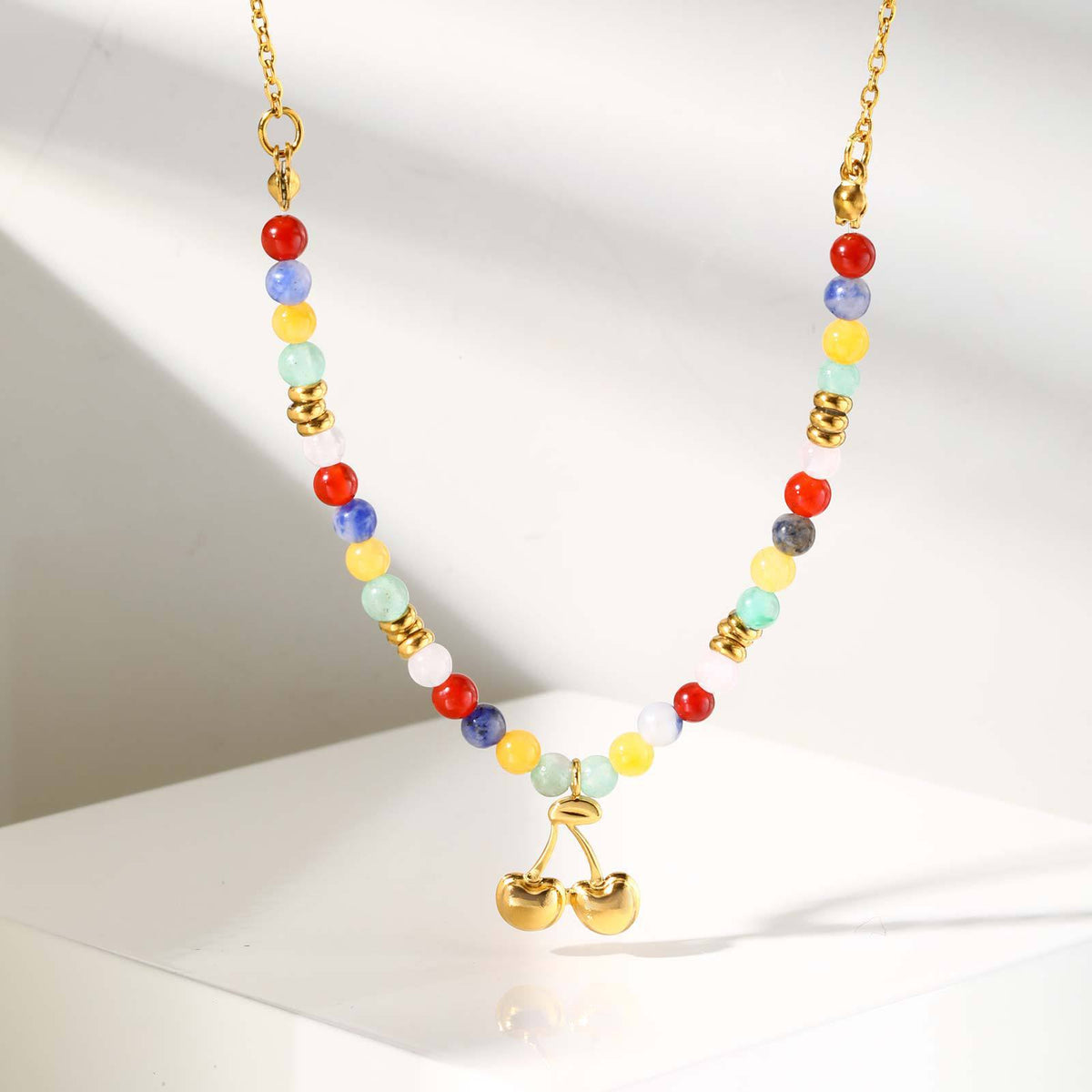 Stainless Steel Colored Natural Stone Bead Cross Cherry Teardrop Heart-Shaped Necklace