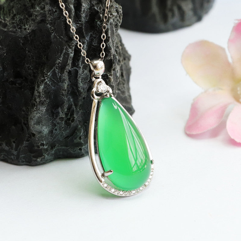 Sterling Silver Necklace with Green Chalcedony Droplet Pendant