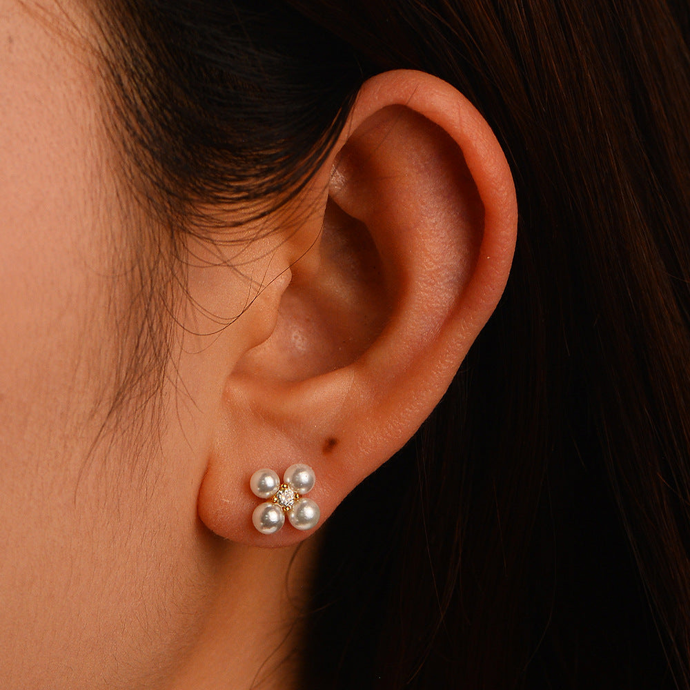 S925 Sterling Silver Zircon Pearl Earrings Korean Bead Zircon Four-Leaf Combination Stud Earrings