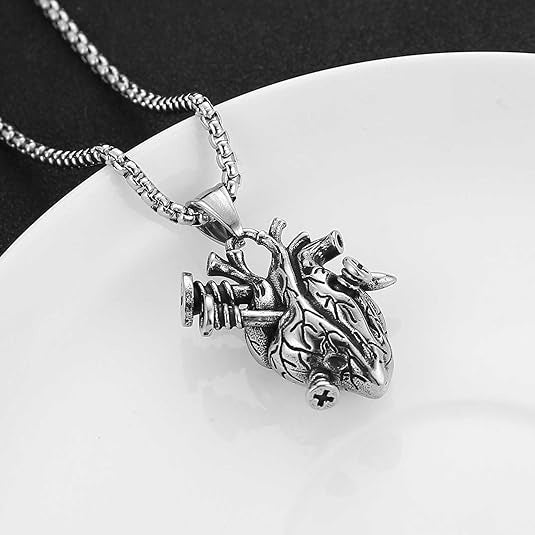 1. Planderful Dark Gothic Three Dimensional Heart Pendant Stainless Steel Necklace Unisex