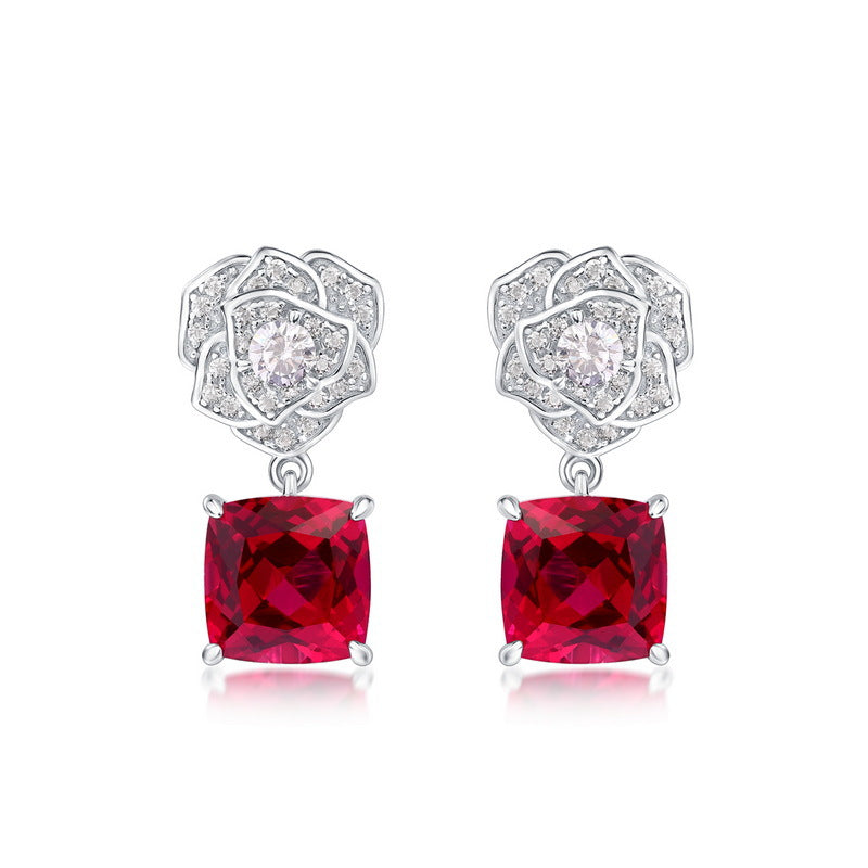 S925 Sterling Silver Lab-Grown Ruby Rose Stud Earrings