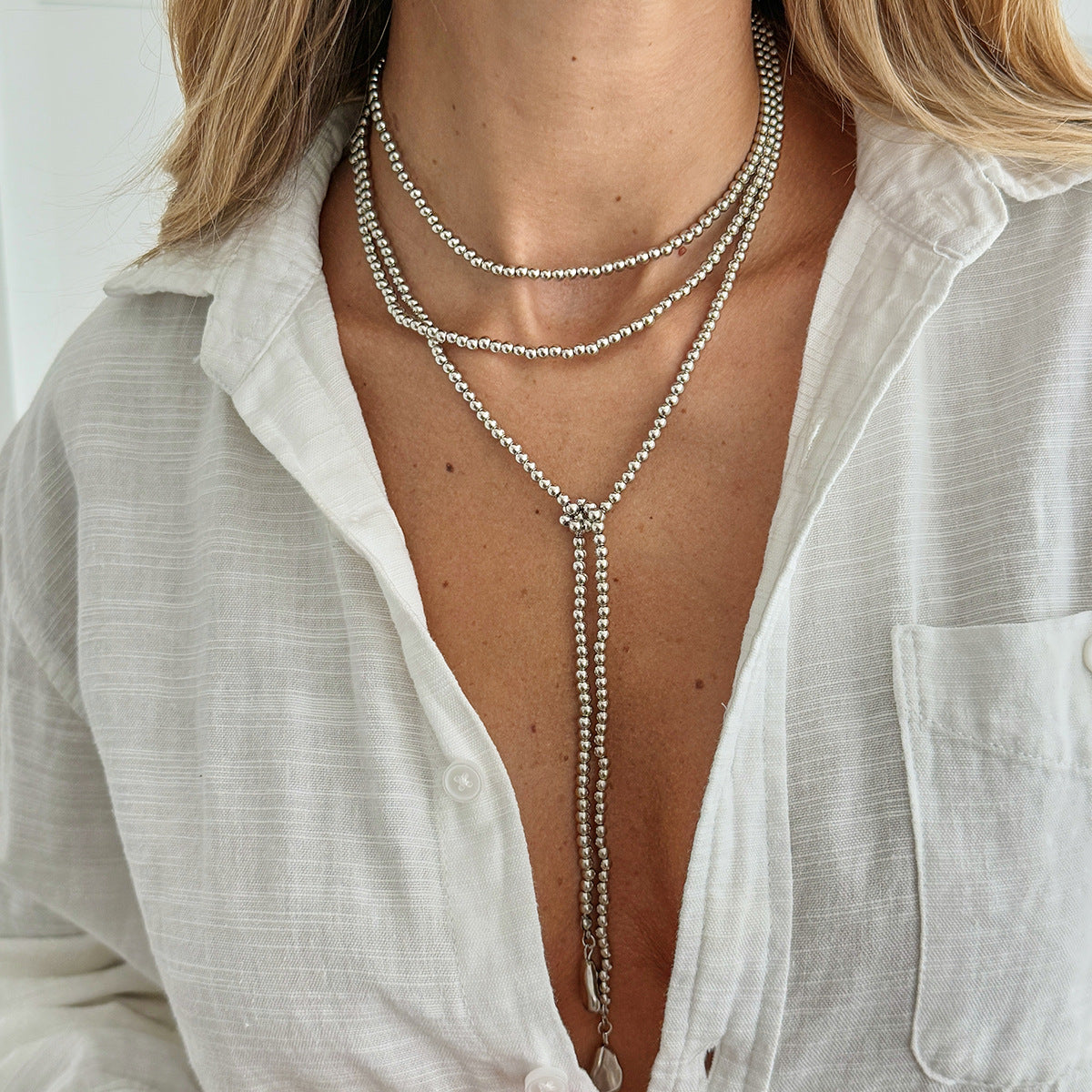 Irregular Beaded Wound Neck Chain Imitation Pearl Sequ Pendant Fringed Necklace
