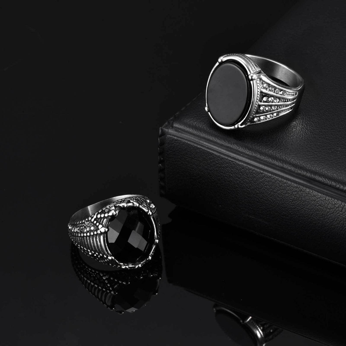 Stainless Steel Geometric Ring Inlaid With Round Cut Black Glass Black Agate – Men's Cool