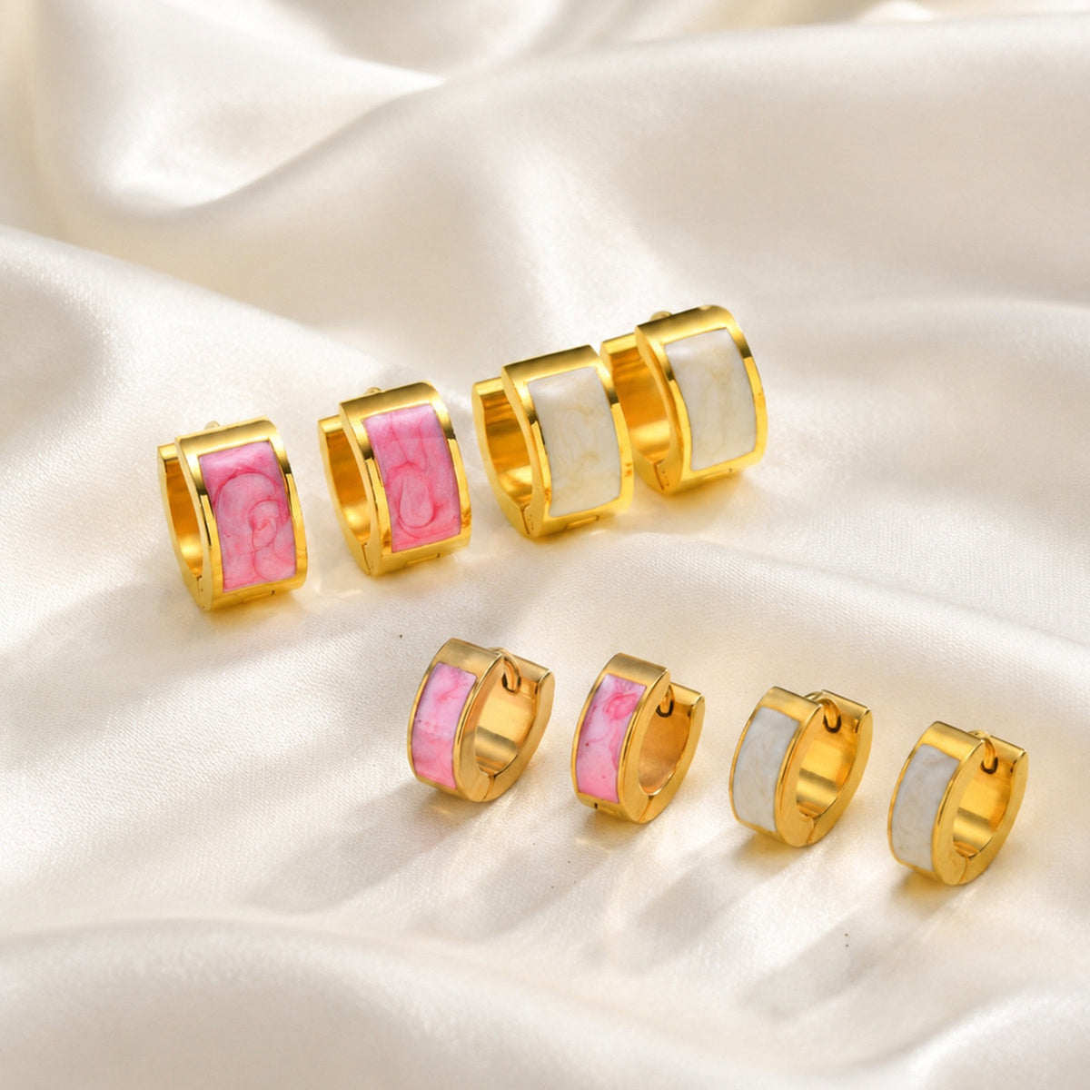 Gold-Tone Pearlescent Enamel Huggie Earrings