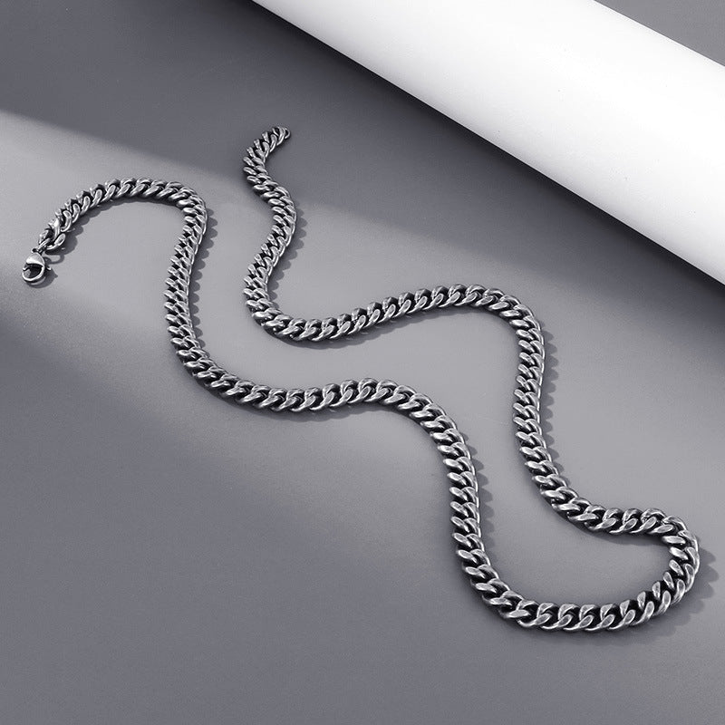 Chain, Retro And Old 8mm Boiled Black Double-Sided Grinding Cuban Chain Stainless Steel Necklace