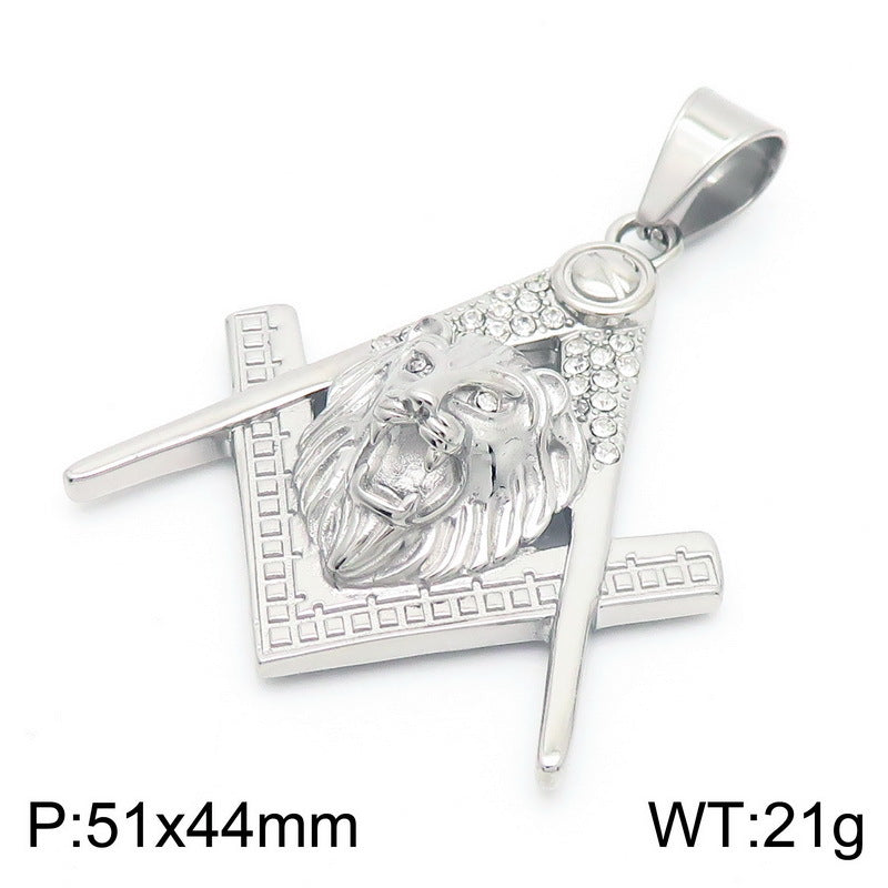Stylish Stainless Steel Masonic Lion Head Pendant with Zircon Accents for Men