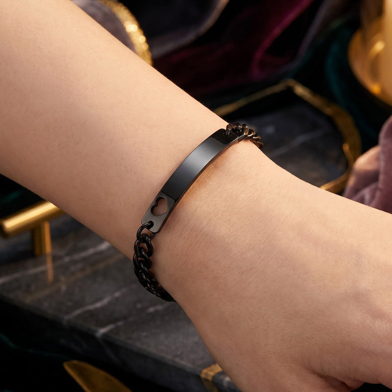 Love Curved Bar Neutral Style Bracelet Layered Cuban Chain Heart-Shaped Titanium Steel