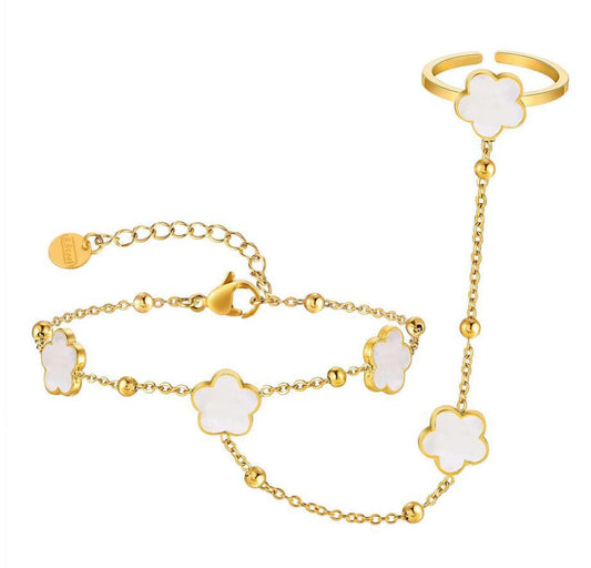 Stainless Steel White Shell Flower Beaded Finger Bracelet Gold