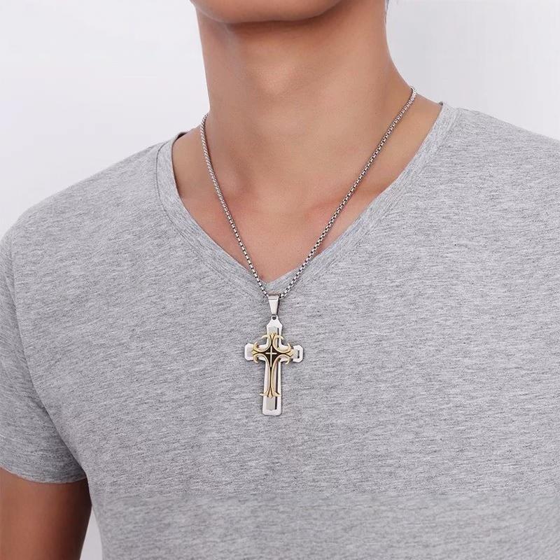 Planderful Titanium Steel Mens Cross Necklace Trendy Sweater Chain Hip Hop Pendant
