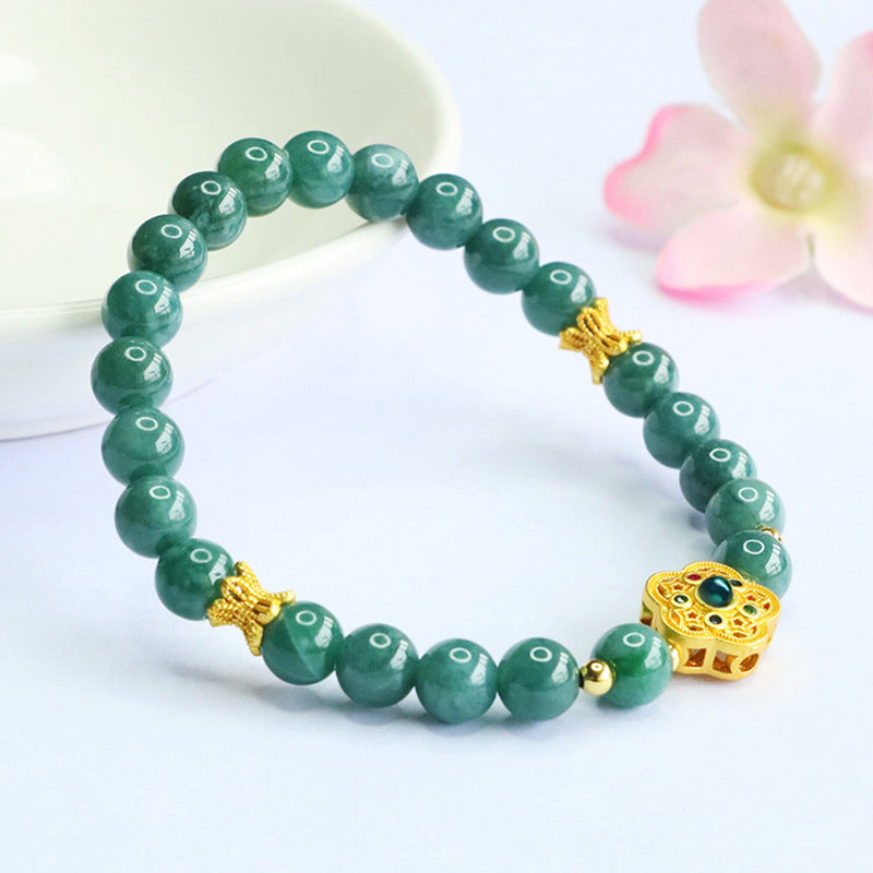 Blue Water Jadeite Five-Petal Flower Beaded Bracelet
