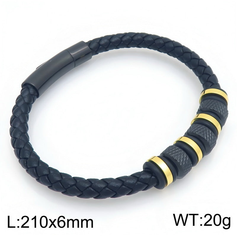 Rhombus Knurled Titanium Steel Ball Woven Microfiber Leather Magnetic Buckle Leather Bracelet