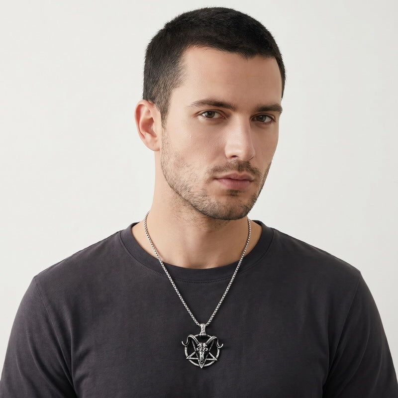 Dark Gothic Baffle Goat Head Pentagram Pendant Casting Three-Dimensional Demon Stainless Steel Men's Necklace