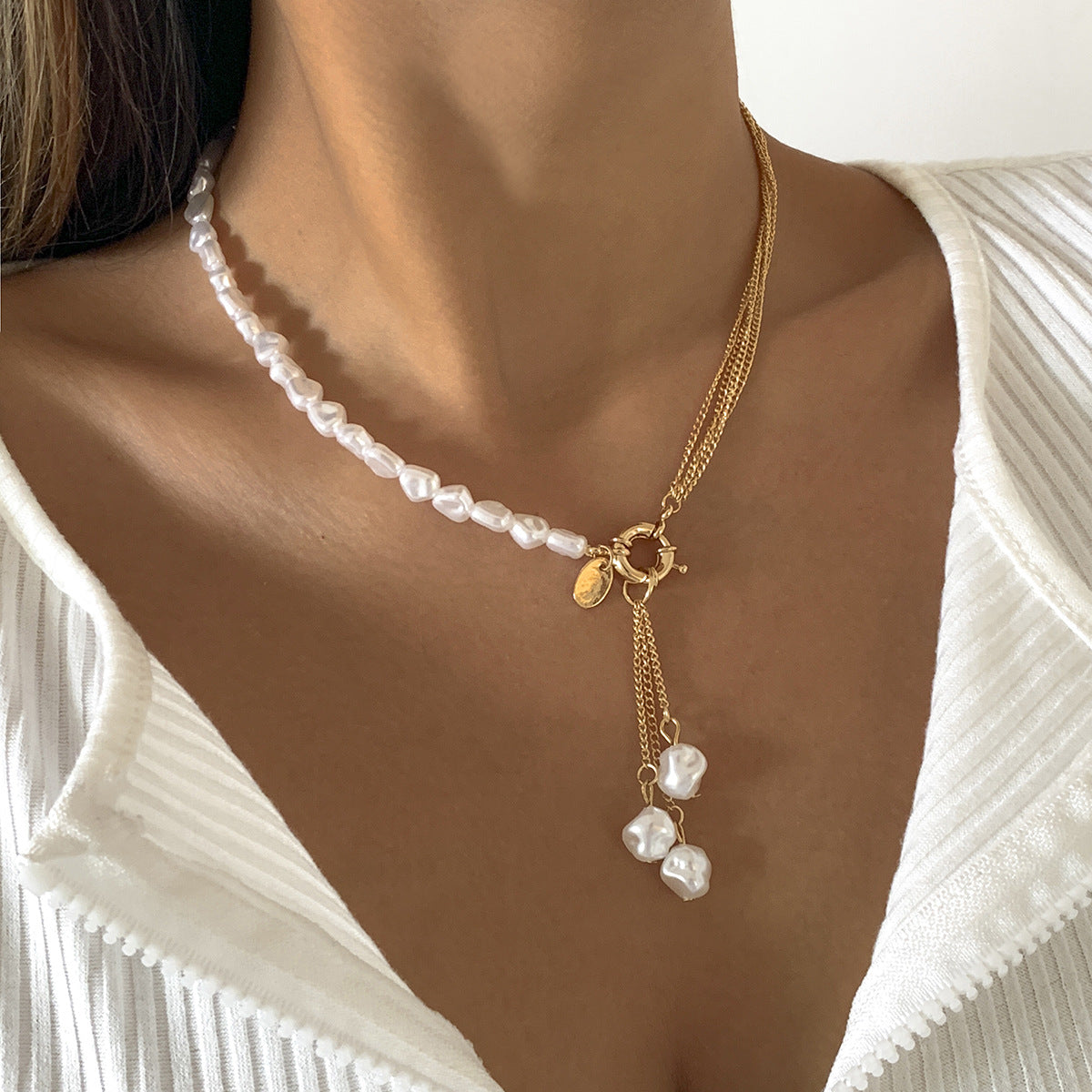 Planderful Vienna Verve Asymmetrical Pearl Fringe Necklace For Bold Punk Style Women