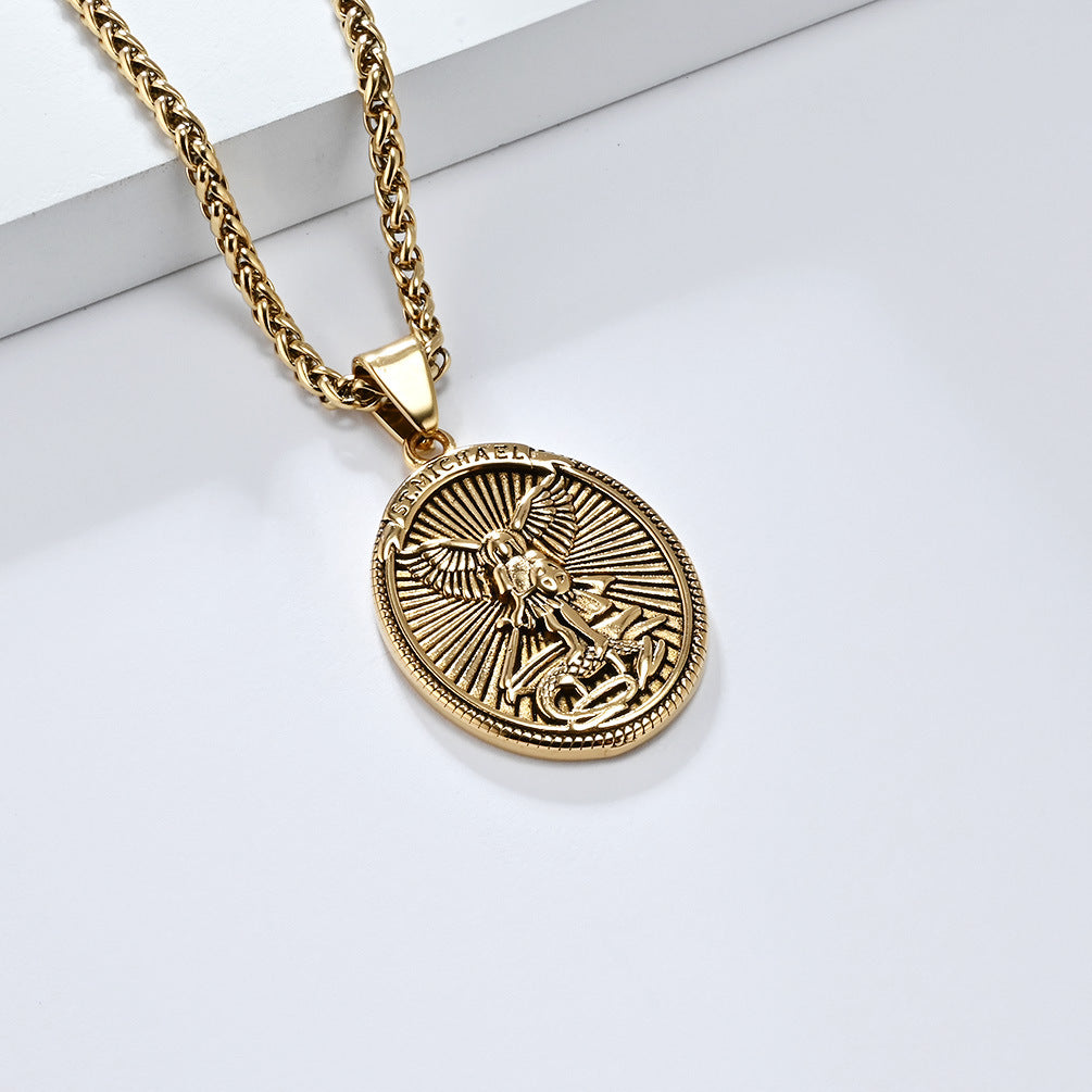 Steel Necklace - Vintage Archangel Oval Pendant For Everyday Wear And Spiritual Symbol Jewelry By Planderful