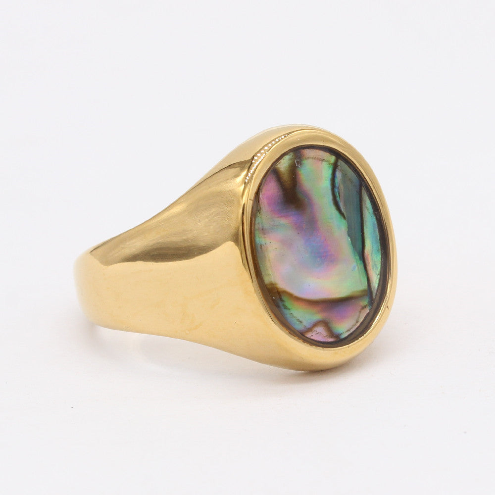 Planderful Gold Plated Titanium Steel Ring Unisex Oval Shell Design For Men And Women