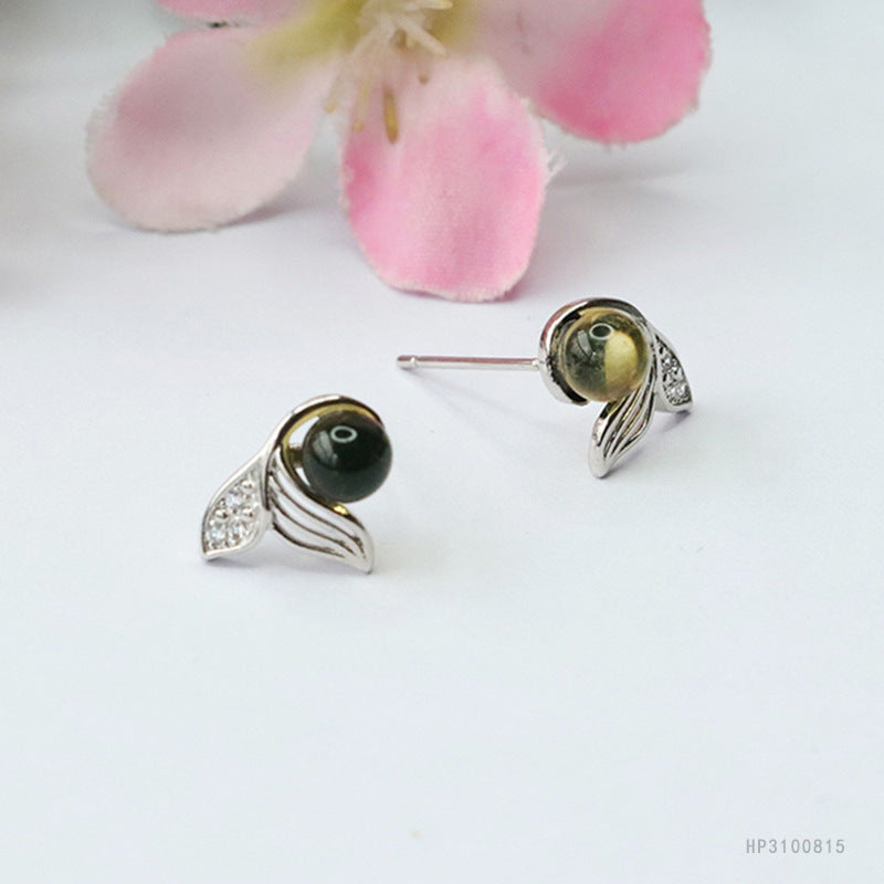 Blue Amber Dolphin 925 Silver Stud Earrings