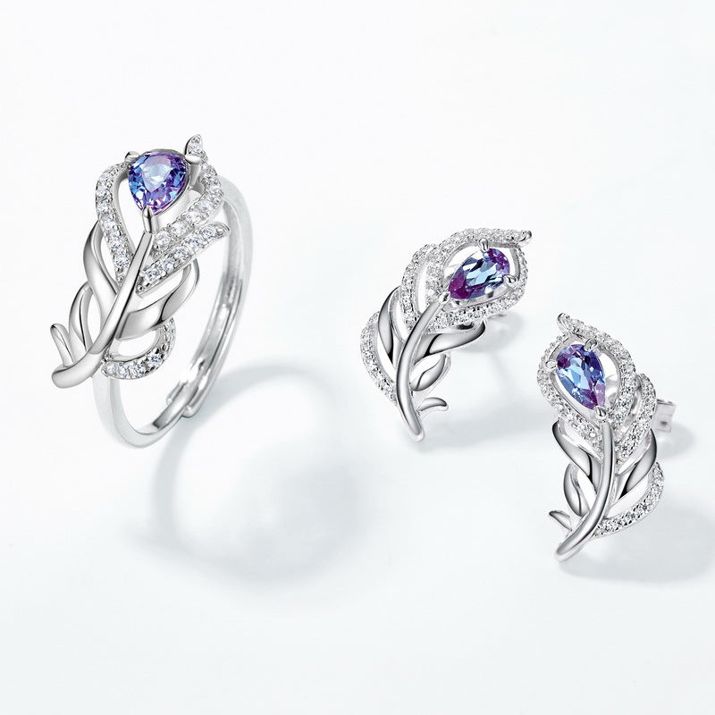 S925 Sterling Silver Lab-Grown Alexandrite Feather Jewelry Collection