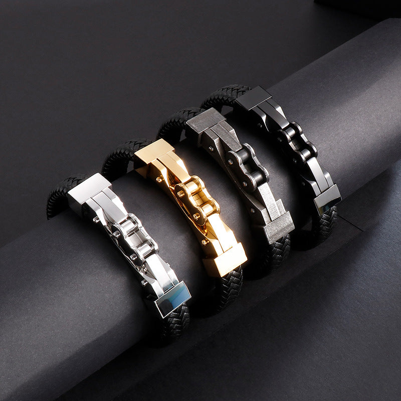 Planderful Men Punk Chain Leather Bracelet Stainless Steel