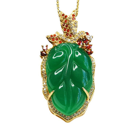 Leaf Pendant Necklace with Green Chalcedony and Zircon Accents