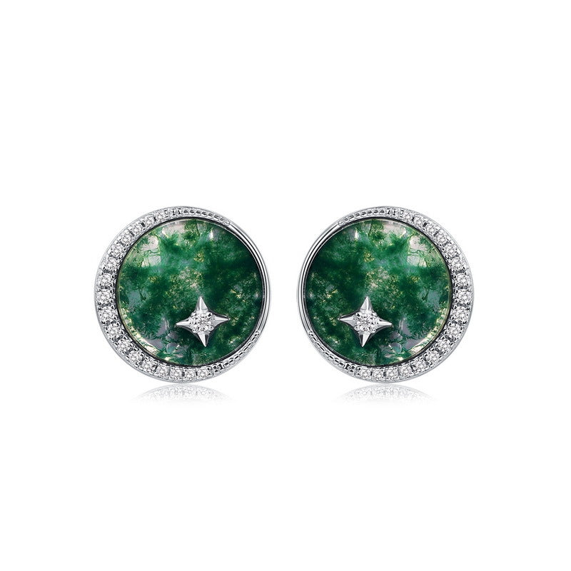 S925 Sterling Silver Moss Agate Minimalist Stud Earrings