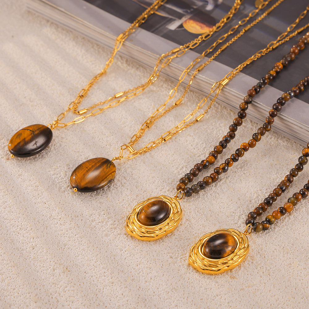 Tiger Eye Stone Geometric Bead Necklace in Gold-Plated Titanium Steel