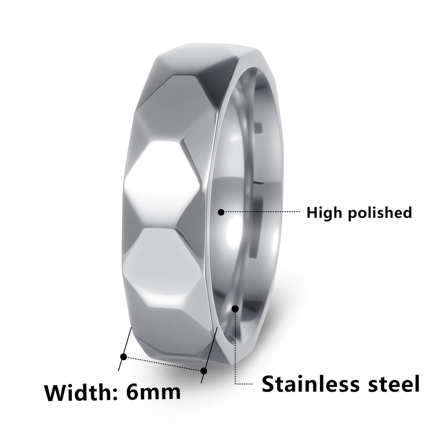 Planderful Collection Everyday Genie Titanium Steel Ring 6mm Geometric Multi Faceted Design Unisex Couples