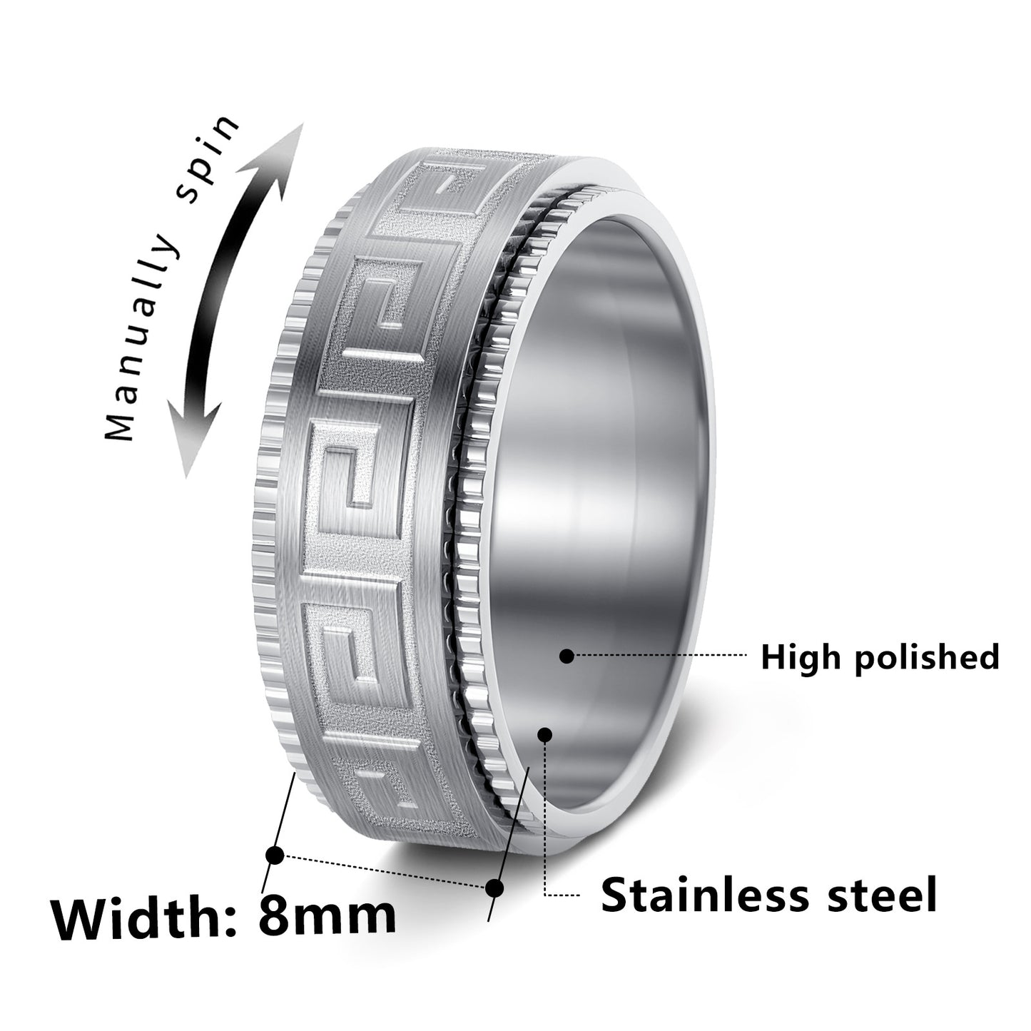Planderful Titanium Steel Ring Rotating Decompression Anti Anxiety Ruyi Great Wall Pattern Unisex Jewelry For Couples