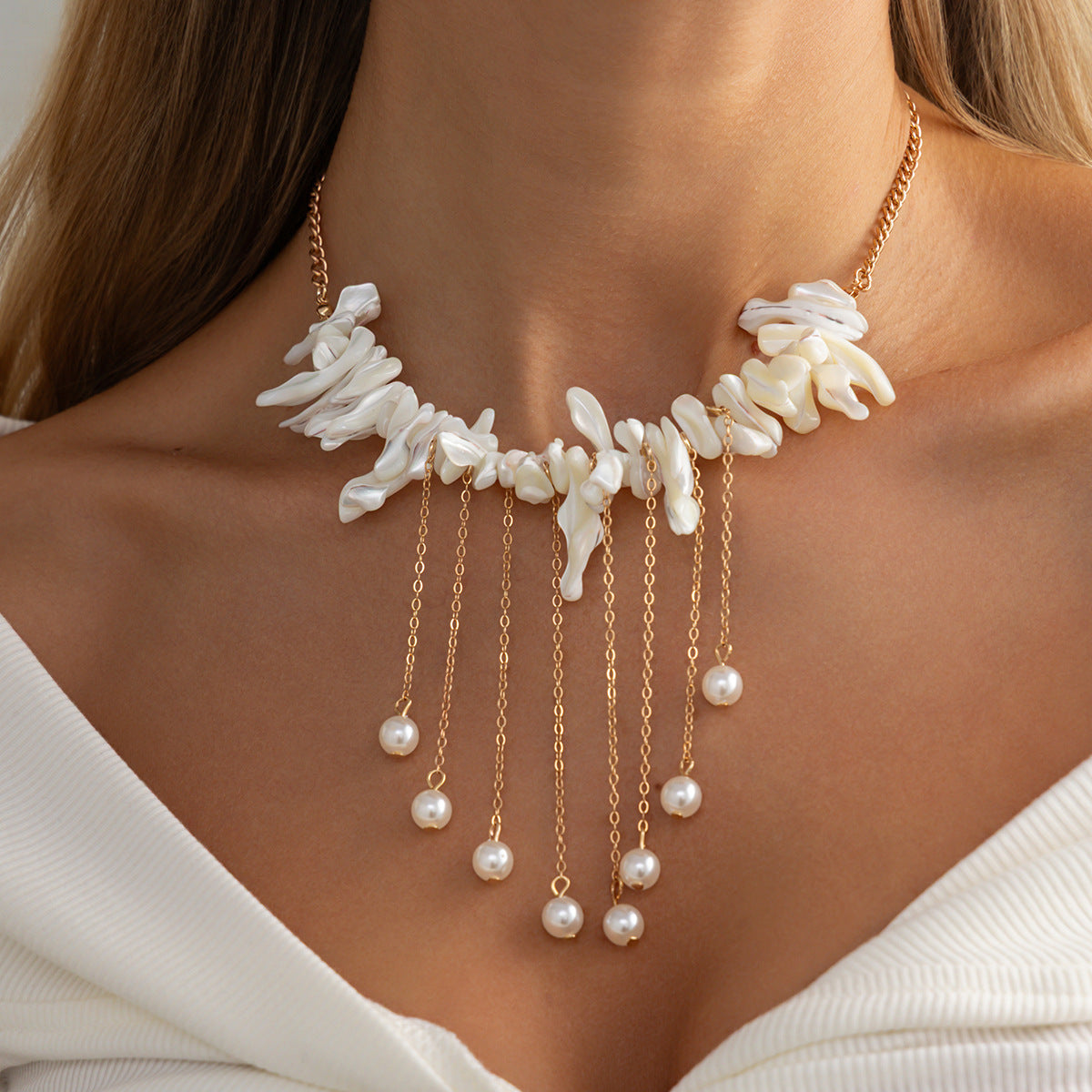 Irregular Shell Pearl Fringe Necklace