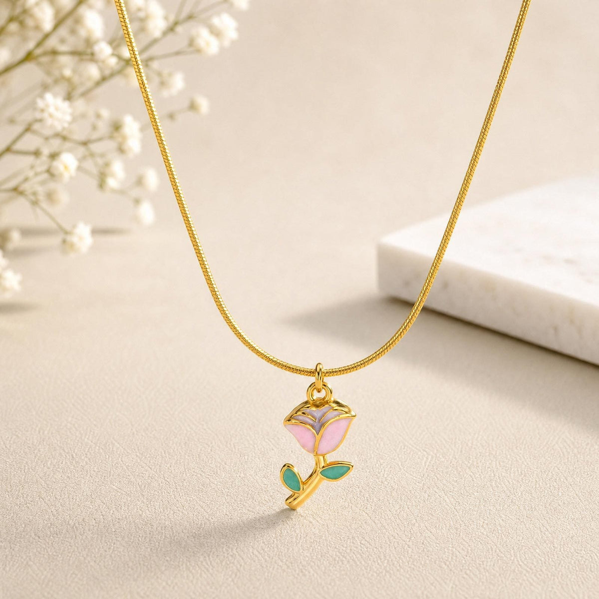 Stainless Steel Necklace Women's Rose Necklace Pendant Round Snake Chain Romantic Daily