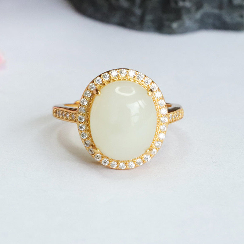 Sterling Silver Jade Halo Ring with Zircon Accent