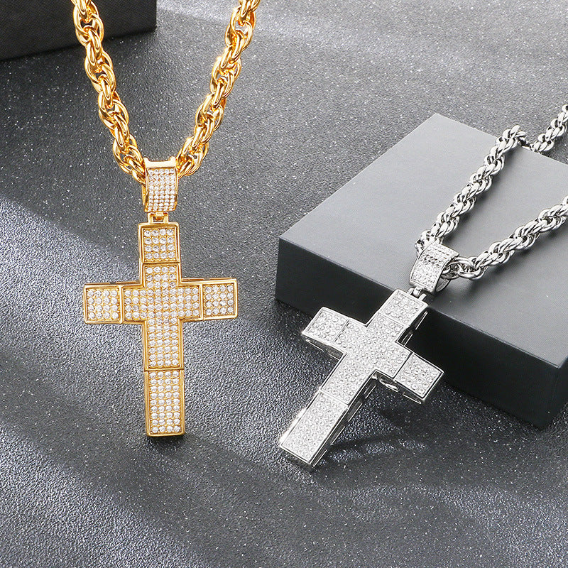 Twist Chain Hip Hop Inlaid With Zircon Double Cross Hollow Pendant Stainless Steel Necklace