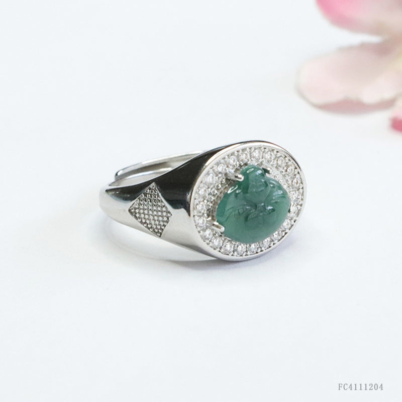 Blue Water Jadeite Buddha Pavé-Style Ring