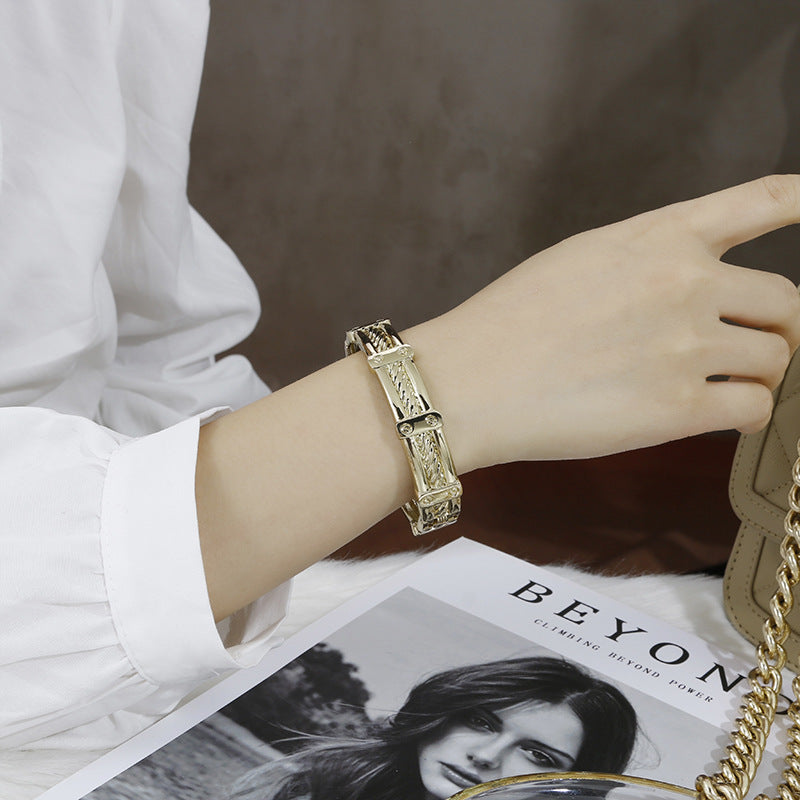 Vintage European Charm Wide Cuff Bangle - Bold Gold-plated Statement Bracelet with Zinc Alloy Craftsmanship