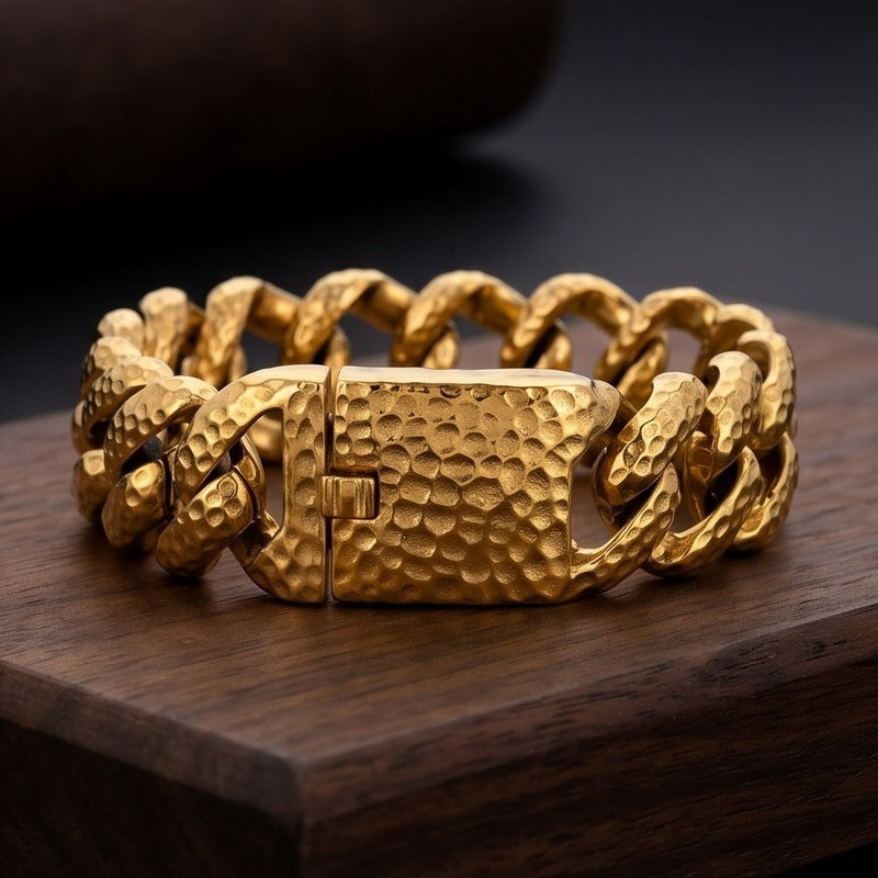 20mm Wide Hammer Pattern Cuban Chain Heavy Industry Street Texture Stainless Steel Men's Bracelet