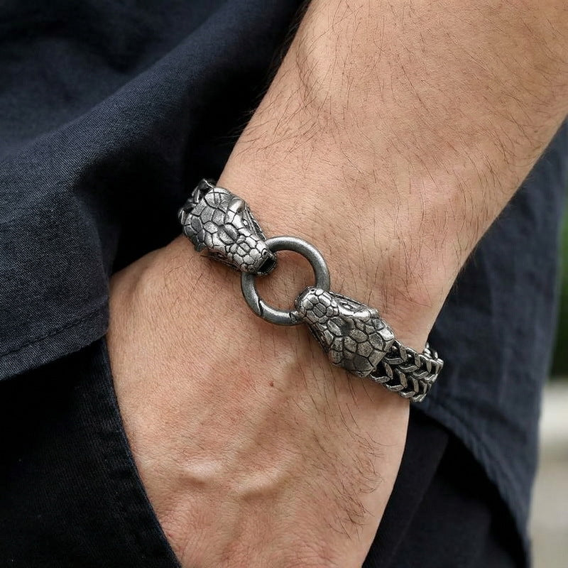 Zodiac Snake – Hip-Hop Rock Double Snake Head Front & Back Chain Stainless Steel Men's Bracelet