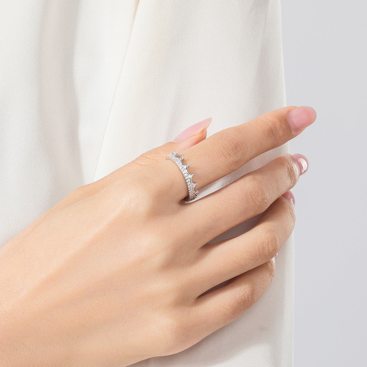 Adjustable Sterling Silver Ring with Micro Inlaid Zircon Crown for Women